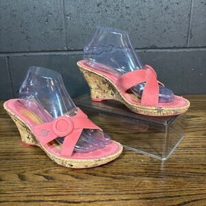 Born Pink Leather Wedge Sandals Women’s 9 Cork Heel Slip On